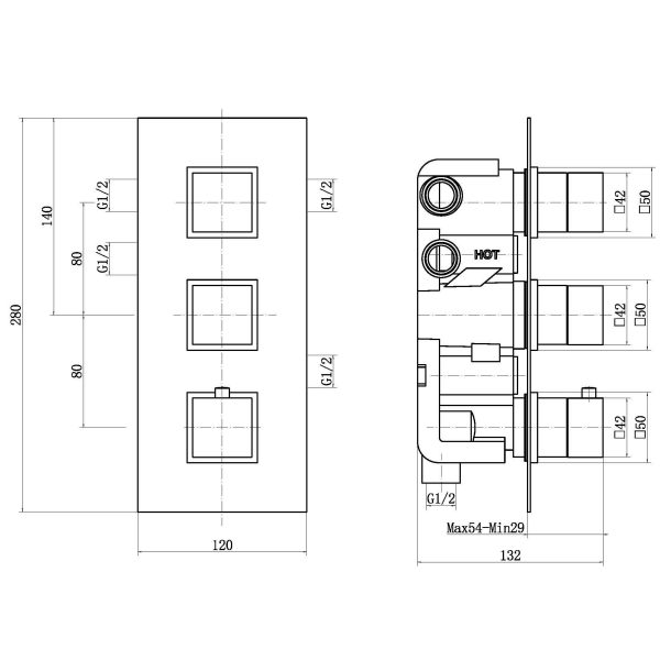 Block Push Shower Valve Square (2 Outlet) - Image 2